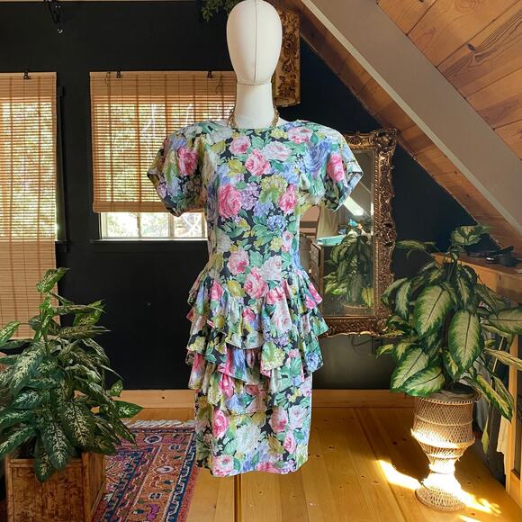 Vintage Dresses & Skirts - 80s Party Dress Floral Ruffle